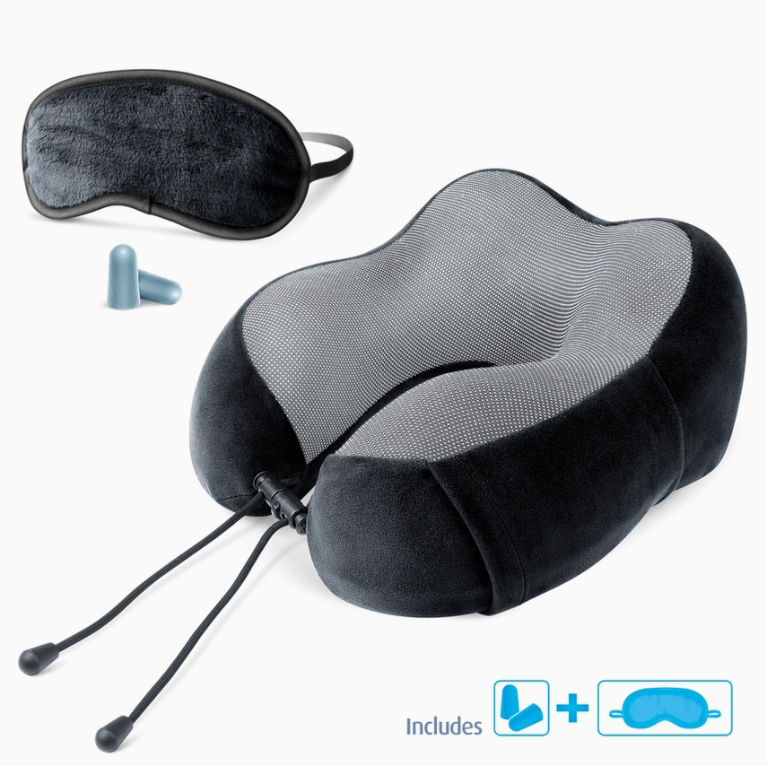 5x Cloudz Tech Memory Foam Travel Pillow with Earplugs - Black
